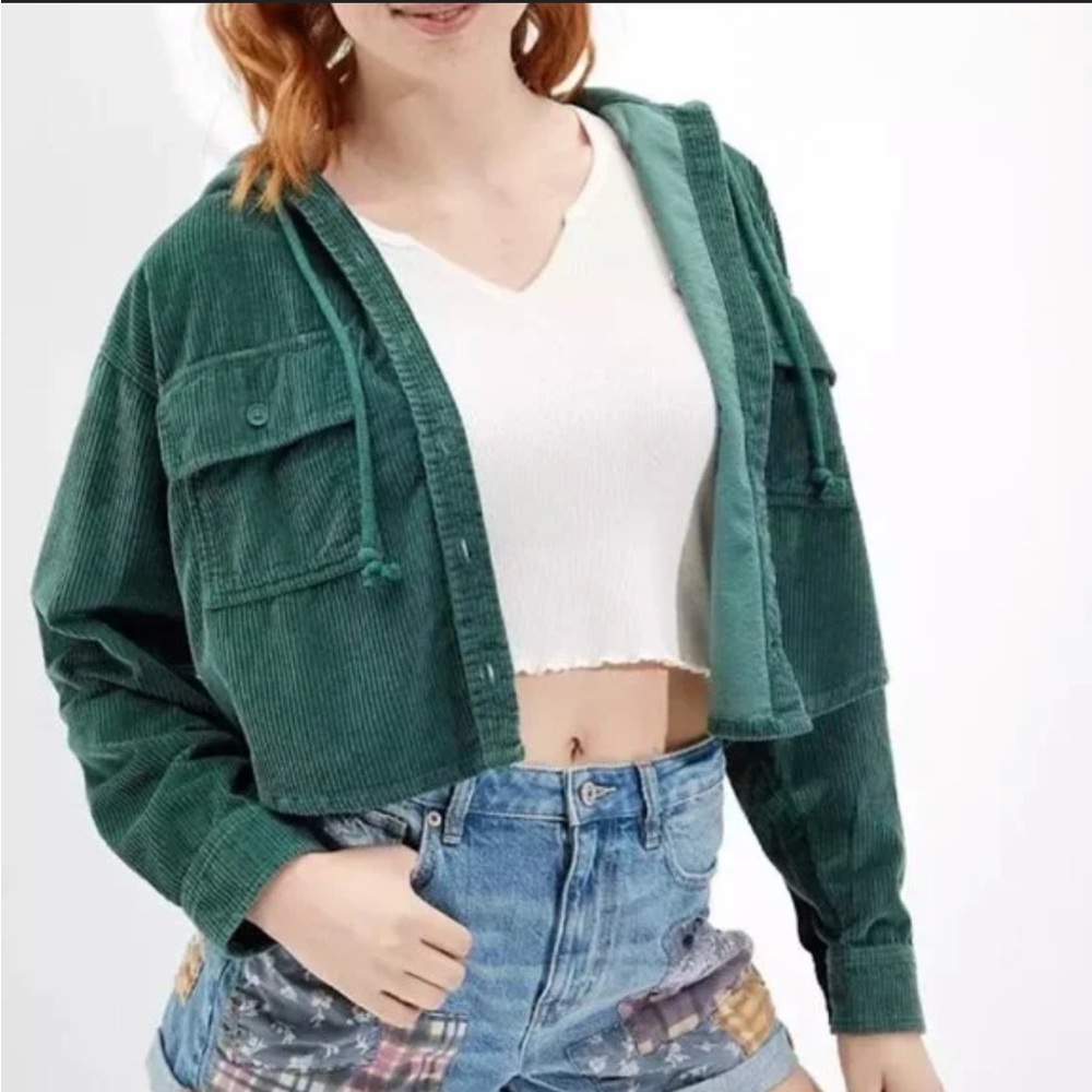 American Eagle Women Hooded Long Sleeve Green Corduroy Button Front Crop Jacket